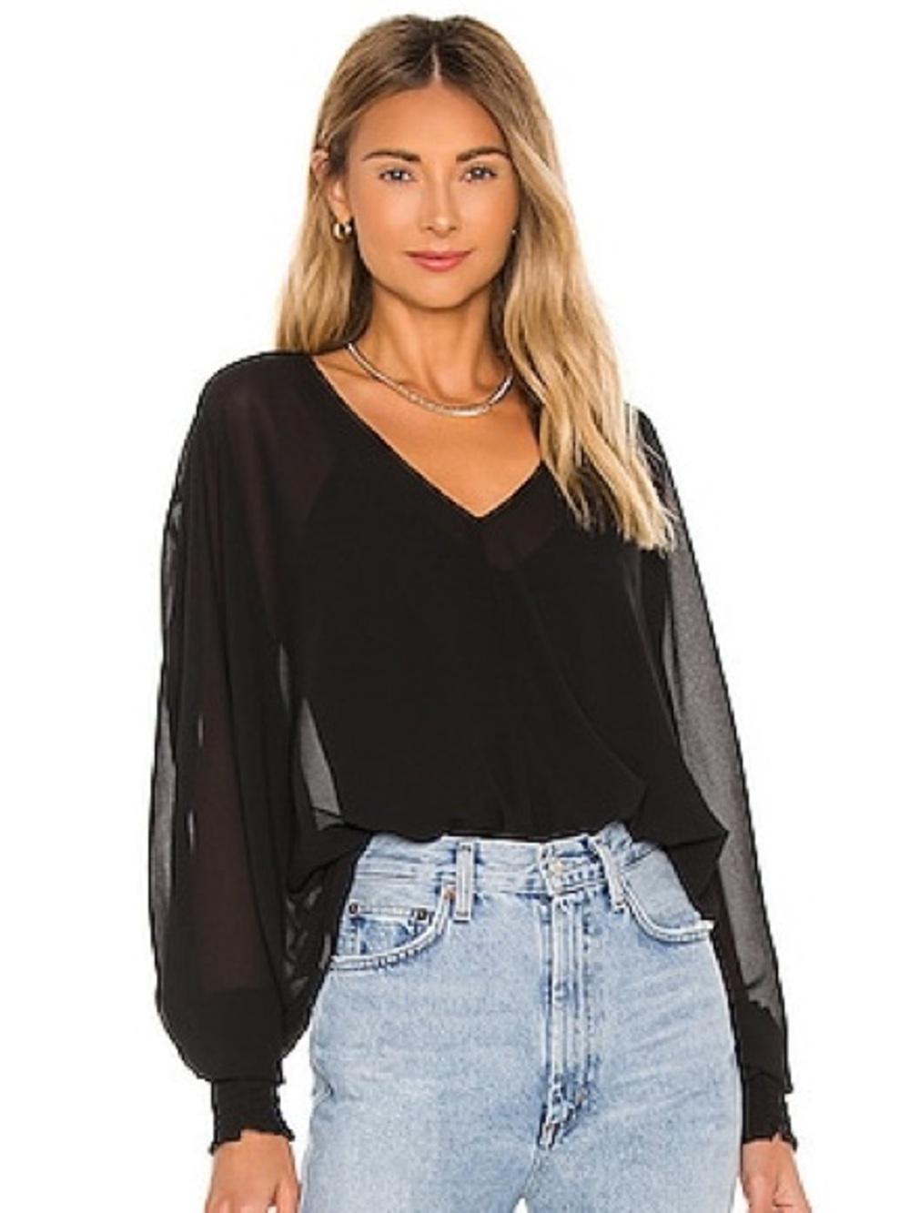 Show Me Your MuMu Black V-Neck Sheer Balloon Sleeve Blouse